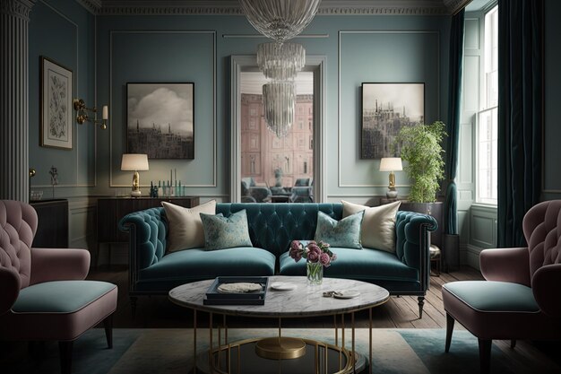 A living room with a blue sofa and a coffee table with a chandelier on it.