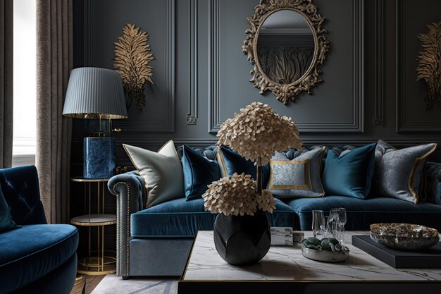 A living room with a blue sofa and a lamp with a gold leaf on it.