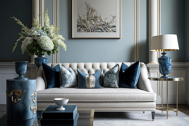 Free photo a living room with a blue and white couch and a blue and white painting.