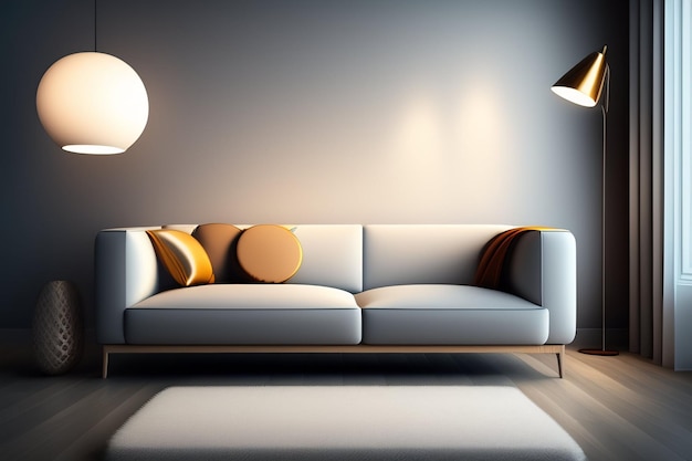 A living room with a couch and a lamp on the wall