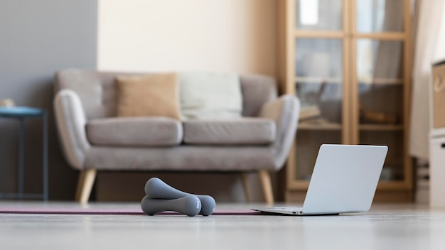 Living room with dumbbells on the floor