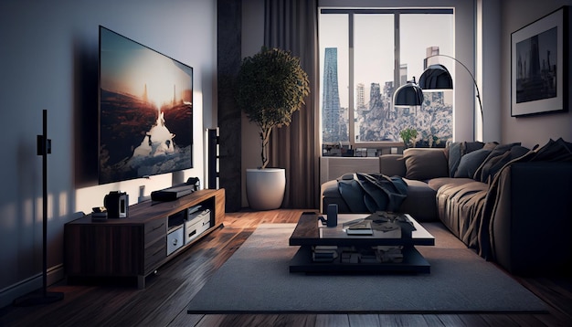 A living room with a large tv and a large window with a city view in the background.