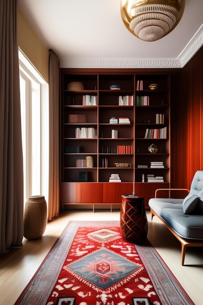 A living room with a red rug, a blue chair, a blue chair, and a bookcase.