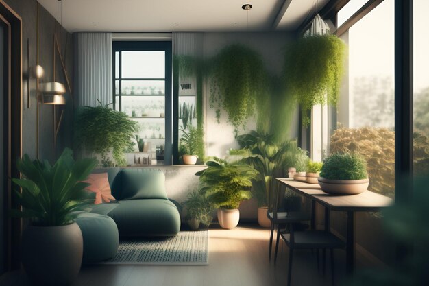 A living room with a table and plants on it