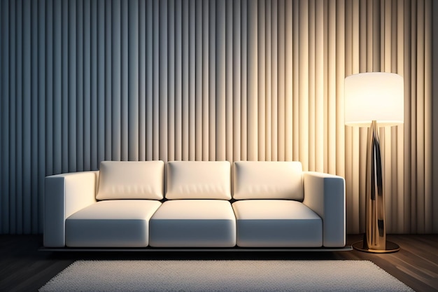 A living room with a white couch and a lamp.