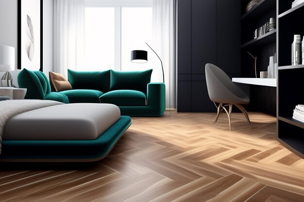 A living room with a white desk and a green sofa.