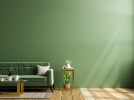 Зеленая стена гостиной макет с зеленым тканевым диваном и деревянным полом. 3d визуализация
