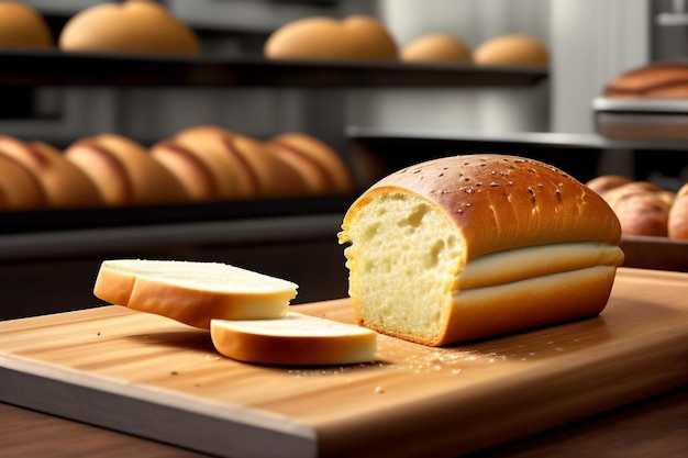 Free photo a loaf of bread is on a cutting board with a bread basket in the background.