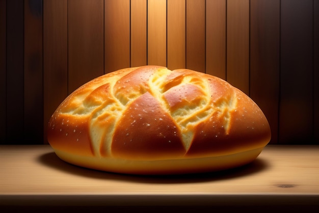 Free photo a loaf of bread is on a wooden shelf.