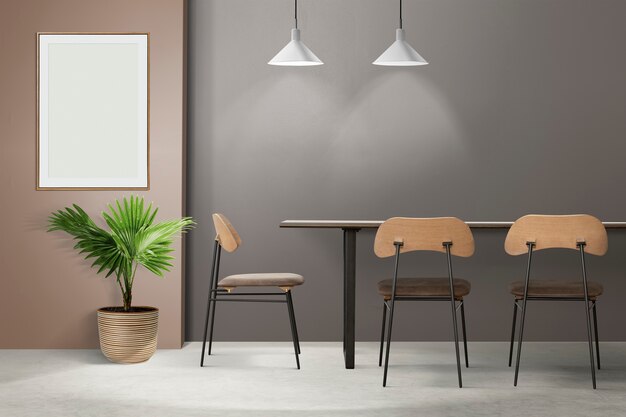 Аутентичный дизайн интерьера столовой в стиле лофт с пустой рамкой для фотографий