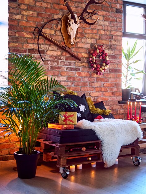 Loft interior room with Christmas decoration.