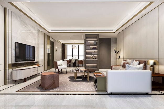 loft luxury living room with bookshelf near dining table