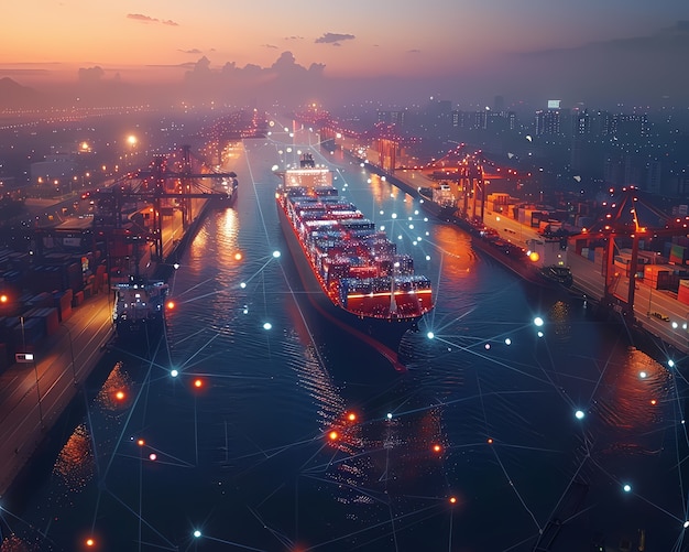 Free photo logistics means of transport together with technological and futuristic holograms