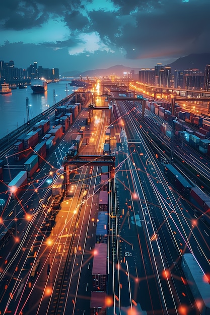 Free photo logistics means of transport together with technological and futuristic holograms