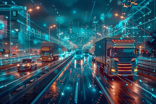 Free photo logistics means of transport together with technological and futuristic holograms
