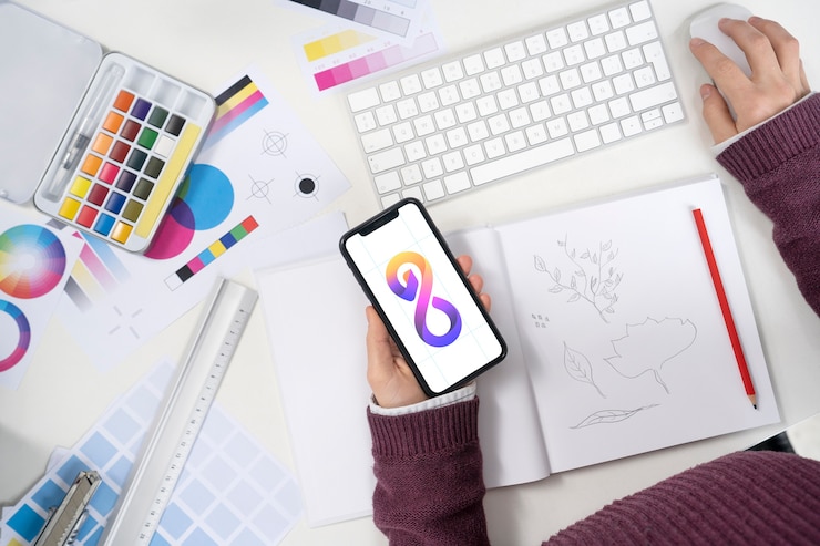 Бесплатный Фотография дизайнер логотипов держит смартфон с крутым логотипом на нем
