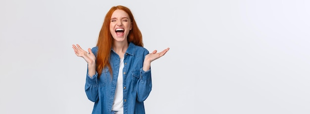 Lol so funny amused and carefree pretty redhead female student clap hands applause with closed eyes