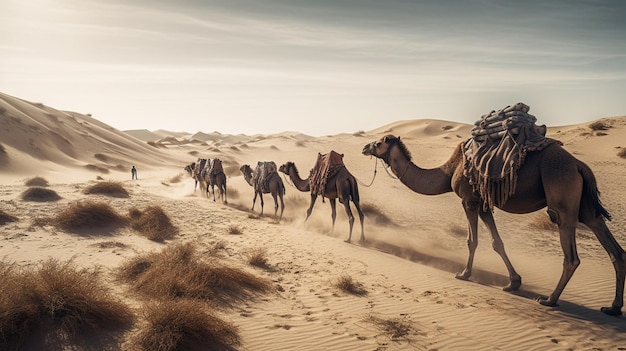 A lone camel caravan traversing a desolate desert landscape