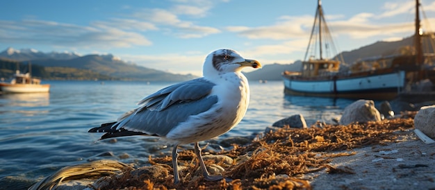 Foto gratuita un gabbiano solitario seduto pacificamente sul bordo della barca