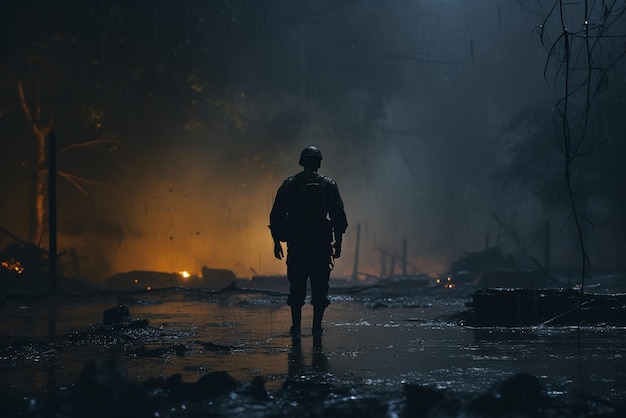 A lone soldier at night in the rain