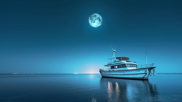 Бесплатное фото Одинокая яхта с изображением, созданным искусственным интеллектом super full moon