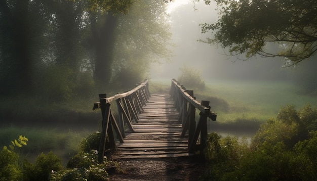 Free photo loneliness in nature walking through foggy woods generated by ai