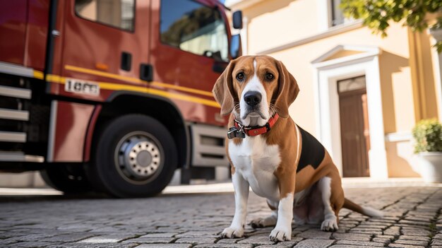 Free photo lonely beagle dog leashed outside a house