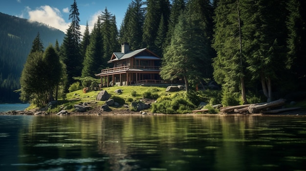 숲 속 의 호수 연안 에 있는 외로운 집