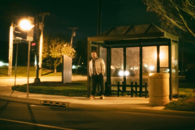 Free photo lonely man at the bus station in the city at night