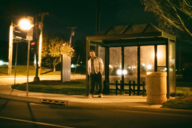 밤에 도시의 버스 정류장에서 외로운 남자
