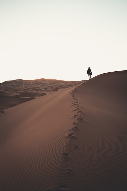 Lonely person standing on top of a sand dune in a desert at sunset