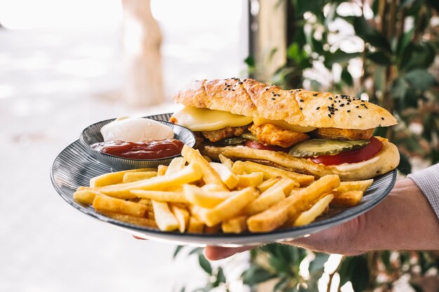 キュウリのピクルストマトチーズのロングチキンサンドイッチとフライドポテトとソース