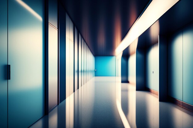 Длинный коридор со стенами из синего стекла и светом, который произносит слова на нем.