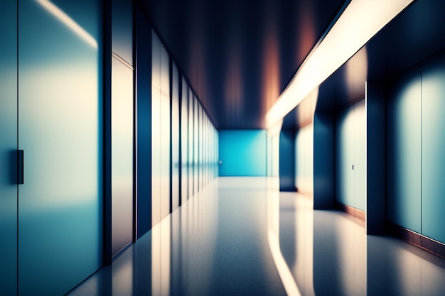 A long corridor with blue glass walls and a light that says'the words on it