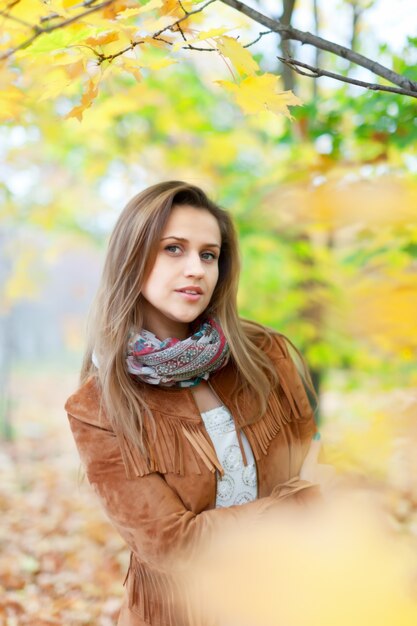 long-haired girl  in autumn