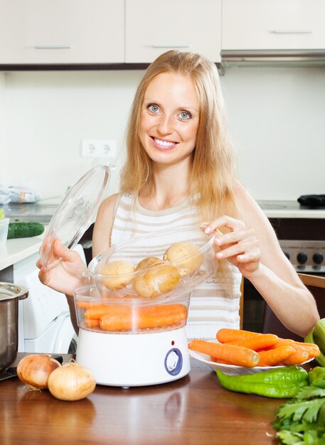 long-haired housewife cooking vegetables