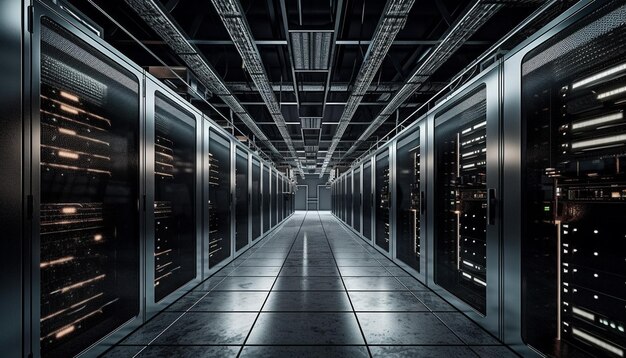 A long hallway with a row of servers in the center.