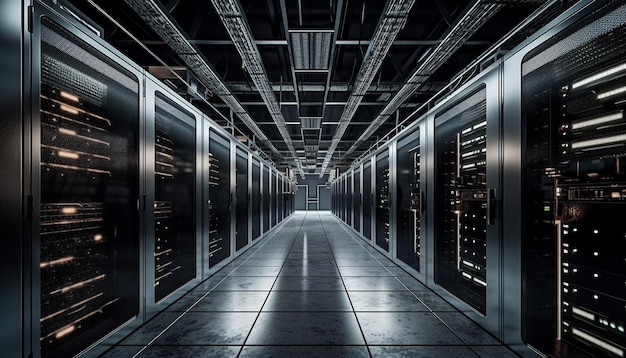 A long hallway with a row of servers in the center.