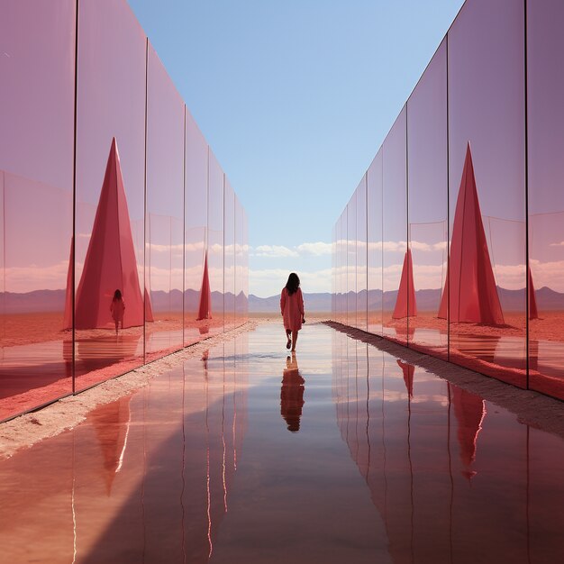 Long shot adult in nature with 3d geometric shapes