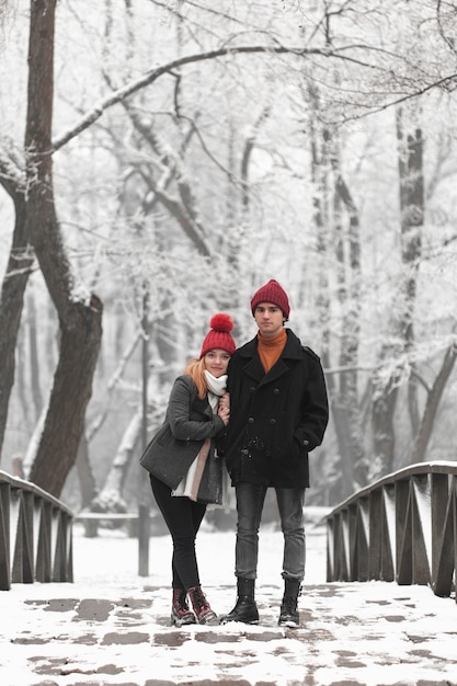 Free photo long shot of couple standing on a bridge