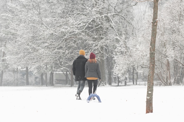 Long shot of couple walking with sleigh