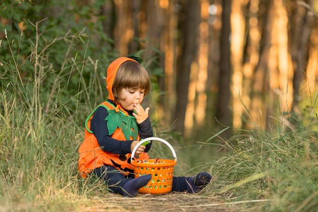 Long shot of cute little boy in pumpkin costume