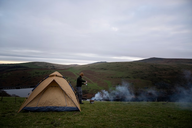 Long shot explorer with tent