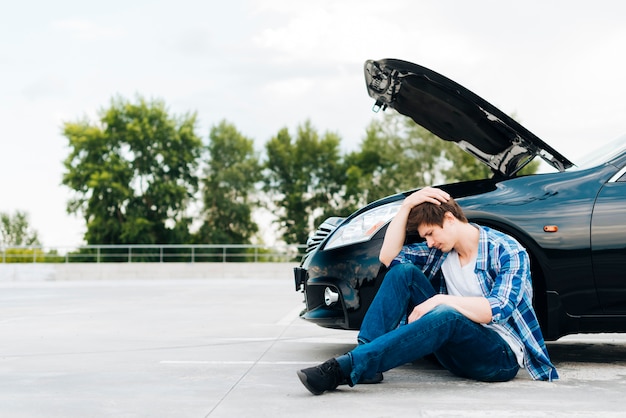 Long shot of man sitting on road