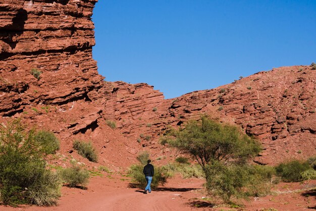Long shot man walking  in desert