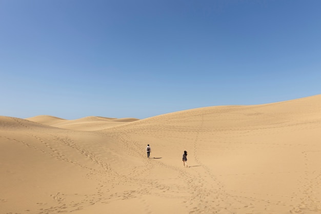 Long shot people walking in desert