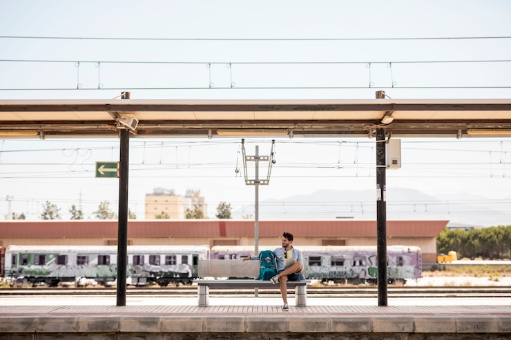 Free Photo long shot traveler waiting for train 