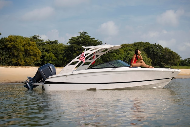 Long shot woman on boat