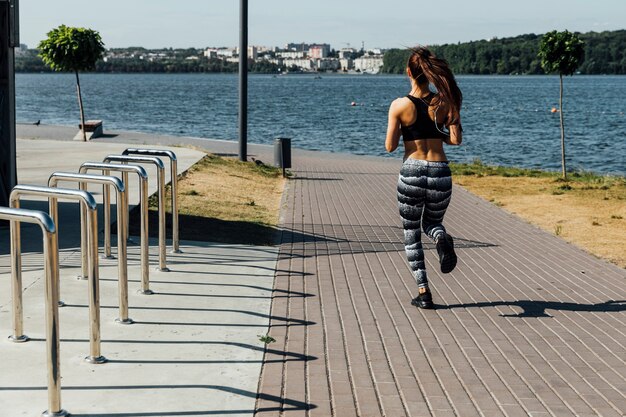 Long shot of woman running