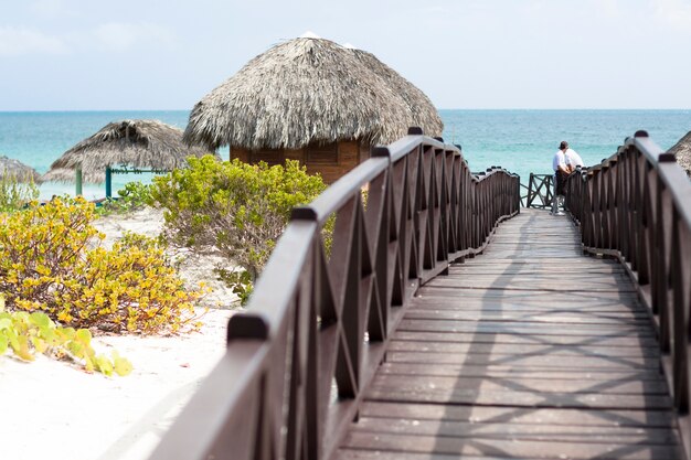 Long shot of wooden foodbridge leading to the beach